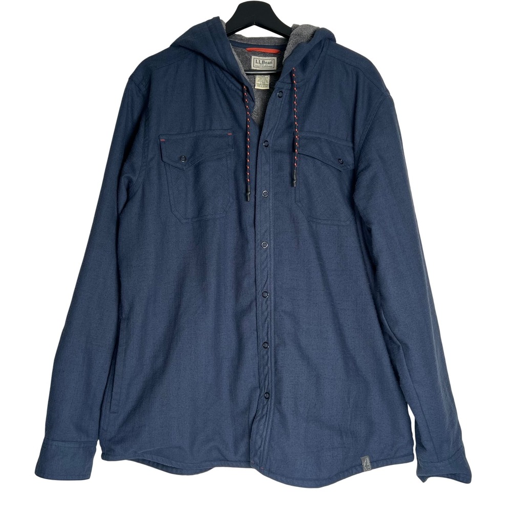 LL Bean Mens Navy Blue Fleece Lined Thinsulate Hooded Shirt Jacket Large